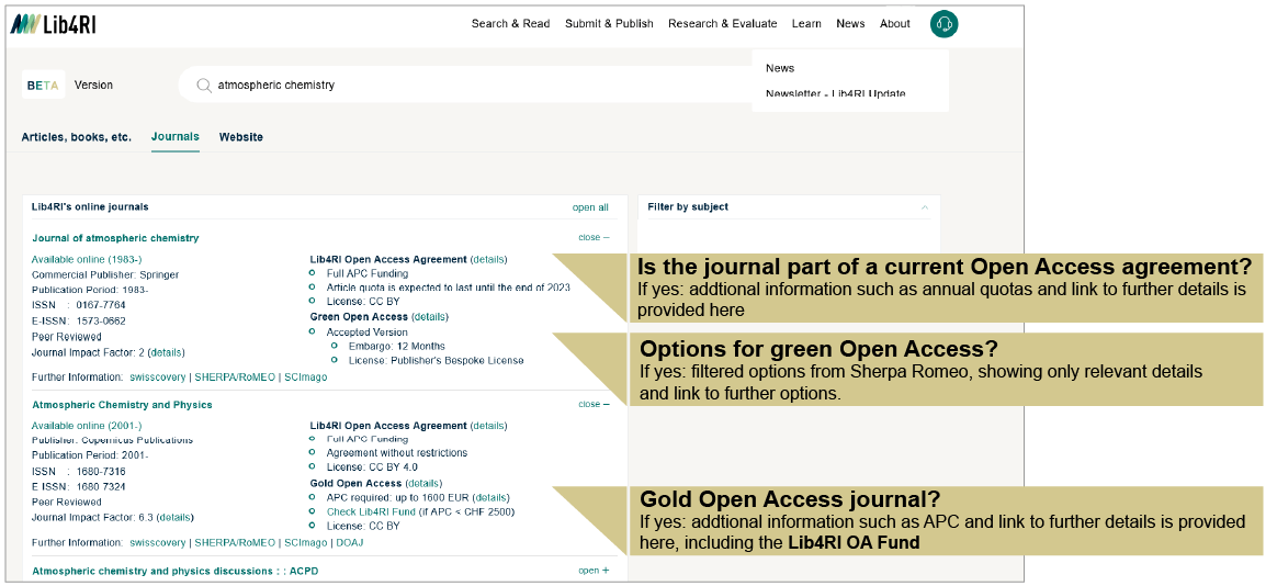 Screenshort of the journal tab with markings on extended information (OA, green/gold OA)