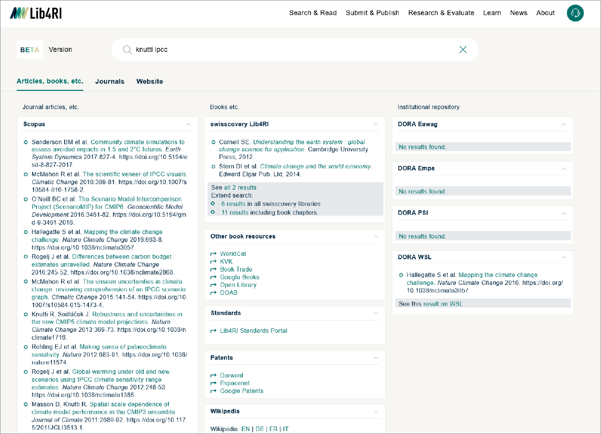 Screenshot of search results in the Lib4RI search tool