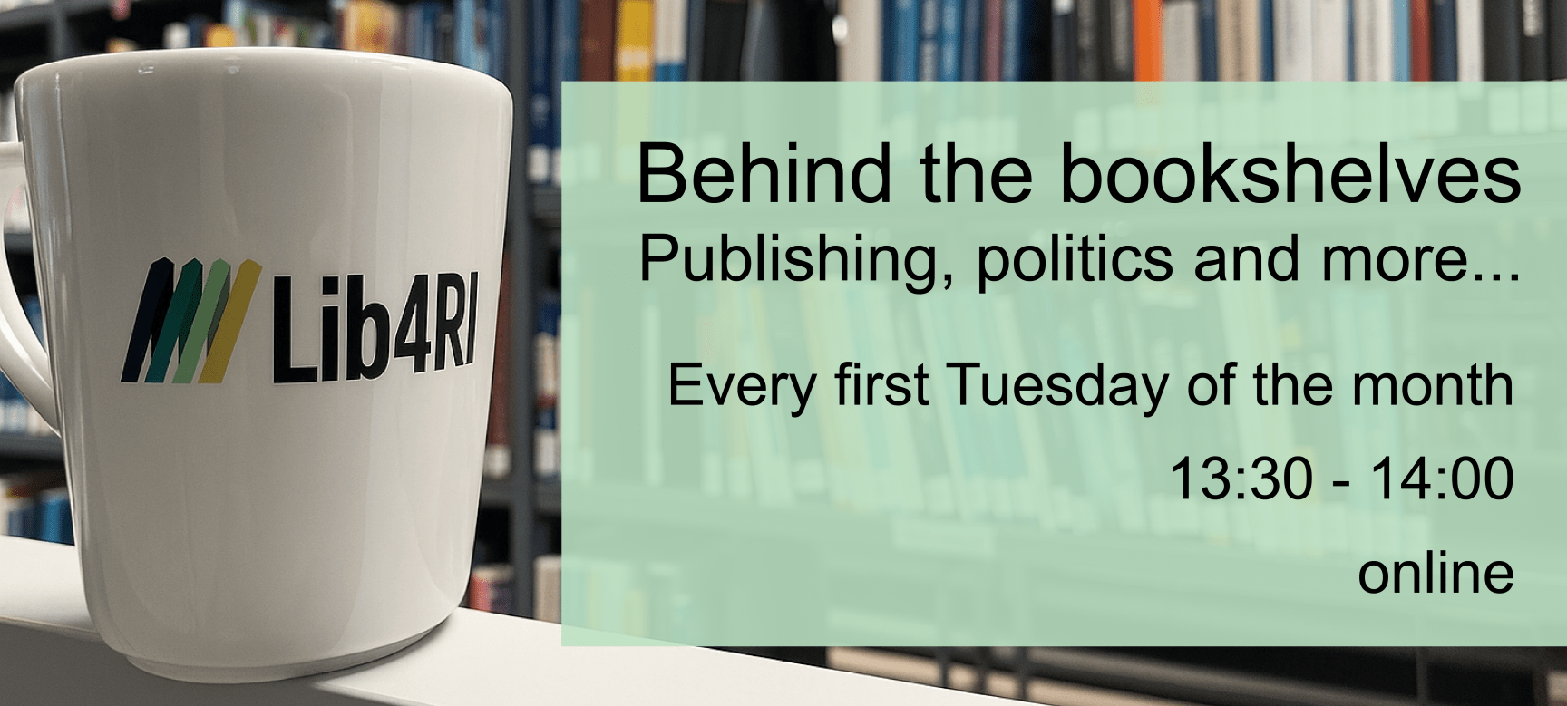 a coffee mug in front of bookshelves