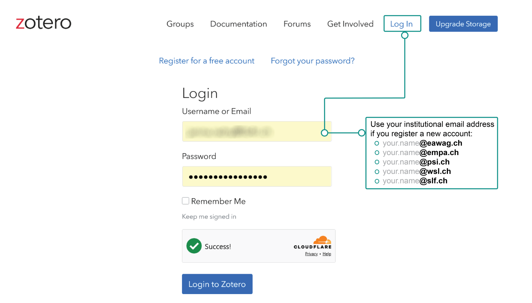screenshot of the registration page. additional information to use the institutional email address