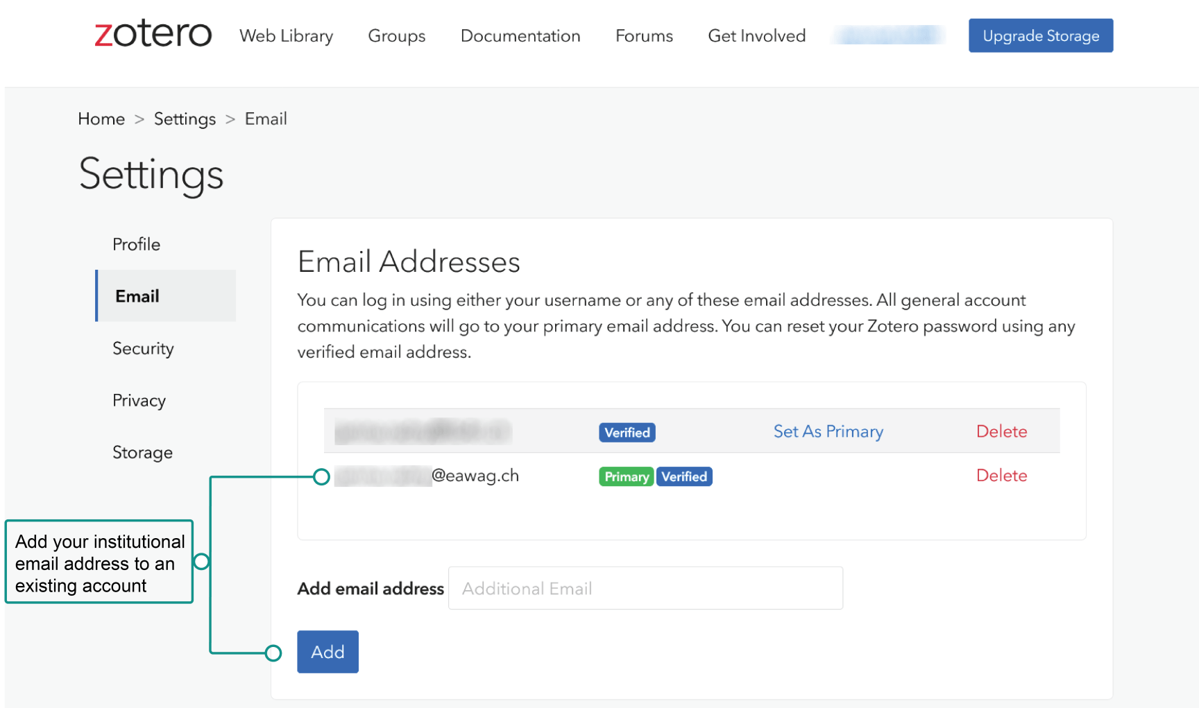 the institutional email address can also be added to an existing account